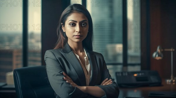 Contemplative successful young adult Indian executive businesswoman in her office