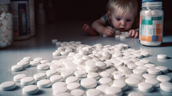 A young toddler has found some prescription pills at home