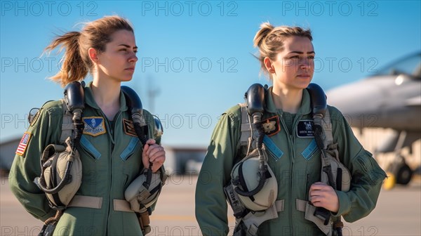 Two proud young adult female air force fighter pilots in front of their F-16 combat aircraft on the tarmac