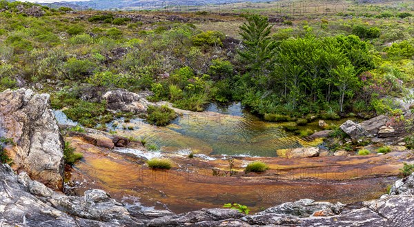 Top view of the waterfall of the Biribiri environmental reserve in Diamantina in the state of Minas Gerais with its hills