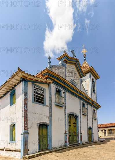 Facade of a time-worn baroque church in the historic town of Diamantina in the state of Minas Gerais