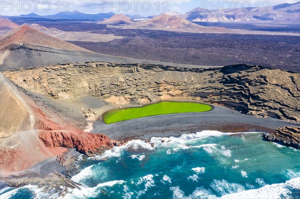 Green lake Charco de Los Clicos Verde near El Golfo in the Canary Islands Aerial view on the island of Lanzarote
