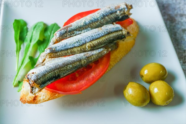 Tapa of sardines on a slice of bread with tomato and olives on a white plate with a typical spanish white background