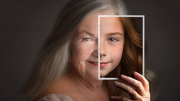 Elderly woman with wrinkled skin portrait holding A photo of herself as A young girl with perfect skin