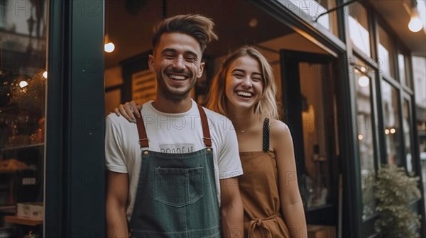 Proud young adult couple at the entrance of their new bakery shop in europe