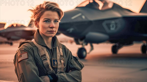 Proud young adult female air force fighter pilot in front of her lockheed martin F-35 lightning II combat aircraft on the tarmac