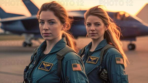 Two proud young adult female air force fighter pilots in front of their F-35 combat aircraft on the tarmac