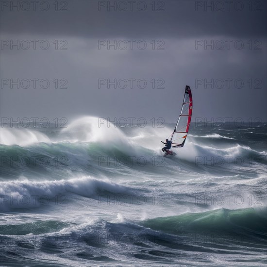 Windsurfer in stormy sea and wind