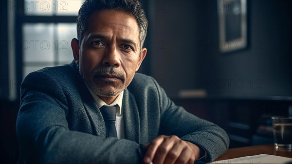 Contemplative successful middle-aged Indian executive businessman in his office