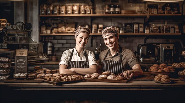 Proud young adult couple at the counter of their new bakery shop in europe