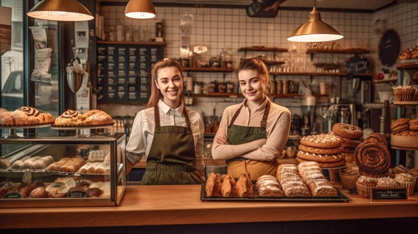 Proud young adult female partners at the counter of their new bakery shop in europe