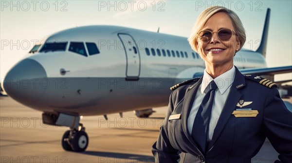 Proud middle-aged female airline pilot in her uniform in front of her passenger airplane on the tarmac