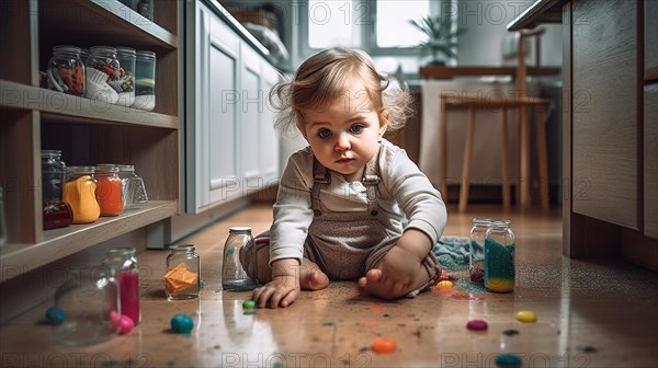 A young toddler on the floor of the kitchen or bathroom has found various cleaning and other chemicals in an unsecured cabinet at home