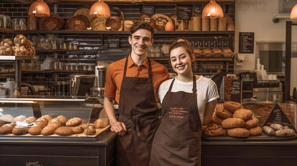 Proud young adult couple at the counter of their new bakery shop in europe