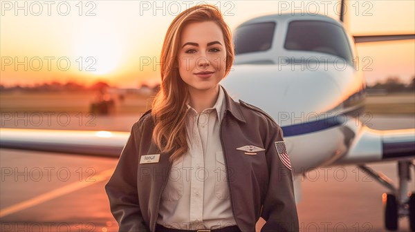 Proud young adult female airline pilot in front of her private executive jet on the tarmac