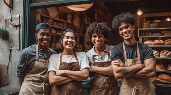 Proud young adult team at the entrance of their new bakery shop in europe