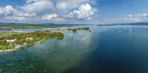 Aerial view of the Mettnau peninsula near Radolfzell with spa centre and restaurant business