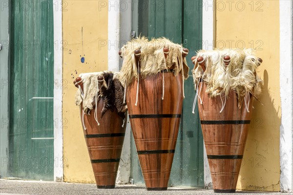 Ethnic and decorated drums also called atabaques on the streets of Pelourinho