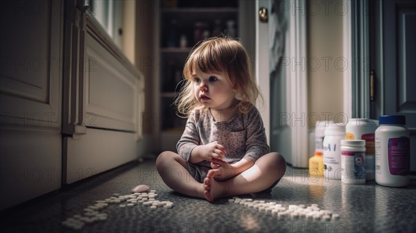 A young toddler has found some prescription pills at home