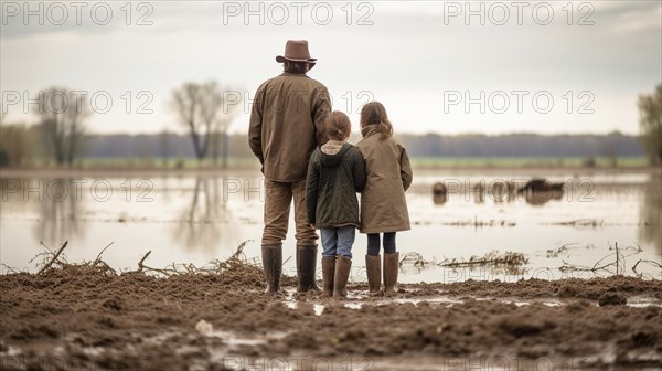 Distressed farming family look over their flooded farmland