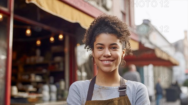 Proud young adult multi-ethnic female at the entrance of her quaint bakery in europe