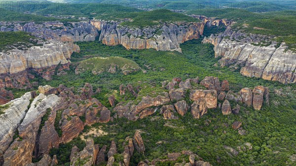 Aerial of the Sandstone cliffs in the Unesco site Serra da Capivara National Park