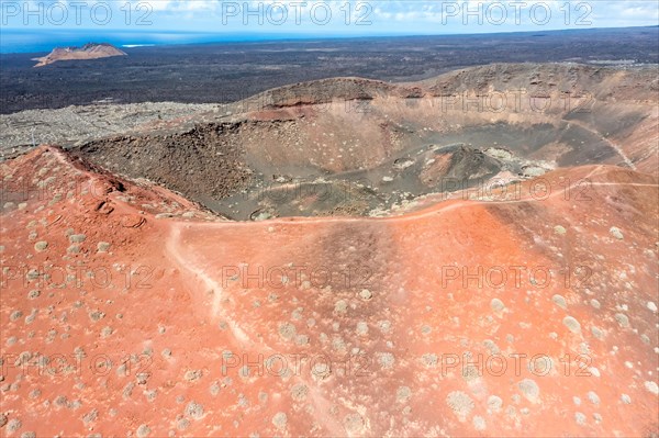 Volcanic crater in Timanfaya National Park in the Canary Islands Aerial view on the island of Lanzarote