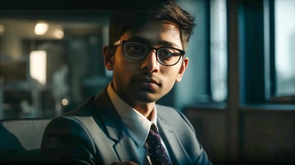 Contemplative successful young adult Indian executive businessman in his office
