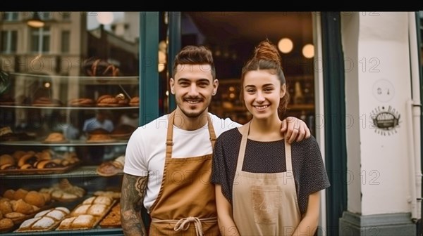 Proud young adult couple at the entrance of their new bakery shop in europe