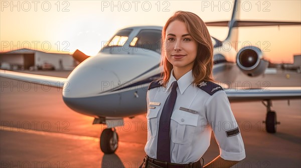 Proud young adult female airline pilot in front of her private executive jet on the tarmac