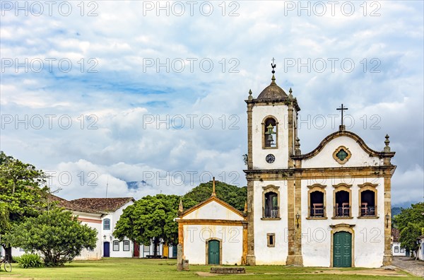 Beautiful facade of historic church in baroque style in the old town of Paraty on the coast of Rio de Janeiro