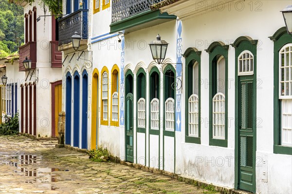Quiet streets with colorful old colonial-style houses and cobblestones in the historic city of Paraty on the south coast of the state of Rio de Janeiro