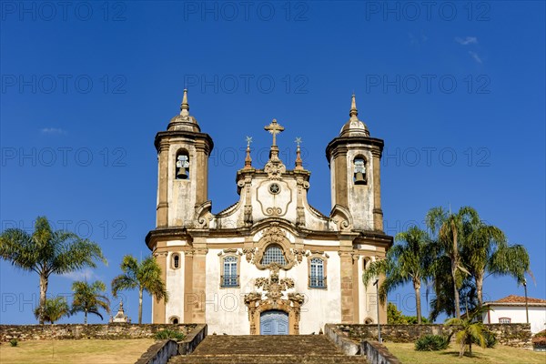 Front view of historic 18th century church in colonial architecture in the city of Ouro Preto in Minas Gerais