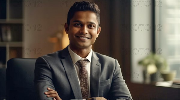 Smiling successful young adult Indian executive businessman in his office
