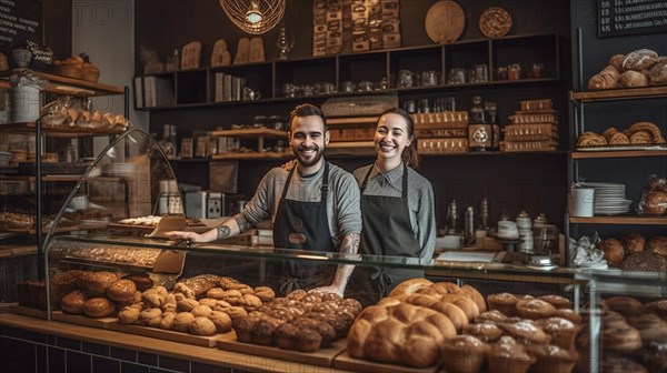 Proud young adult couple at the counter of their new bakery shop in europe