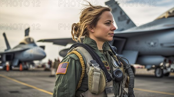 Proud young adult female air force fighter pilot in front of her F-16 combat aircraft on the tarmac