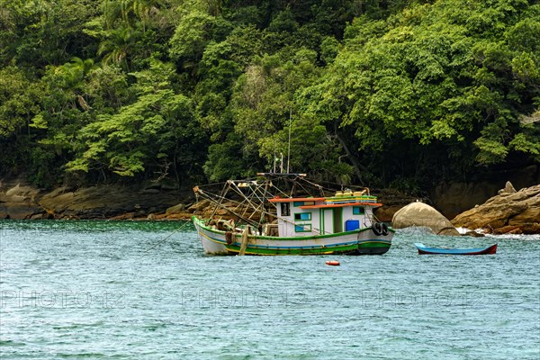 Fishing trawler anchored along the rocks and forest by the sea in Trindade