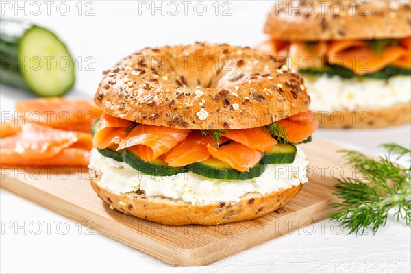 Bagel sandwich for breakfast topped with salmon fish in Stuttgart