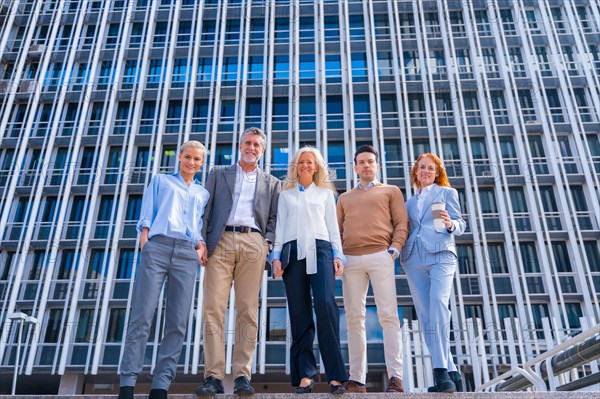 Portrait of cheerful group of coworkers walking outdoors in a corporate office area