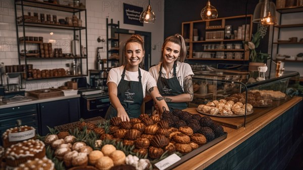 Proud young adult female partners at the counter of their new bakery shop in europe