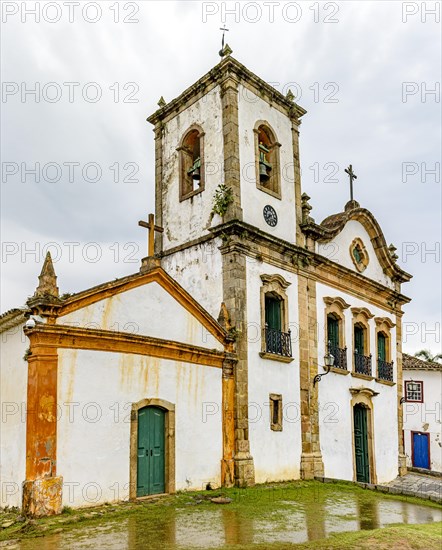 Front view of the facade of a historic church in the city of Paraty on the south coast of Rio de Janeiro