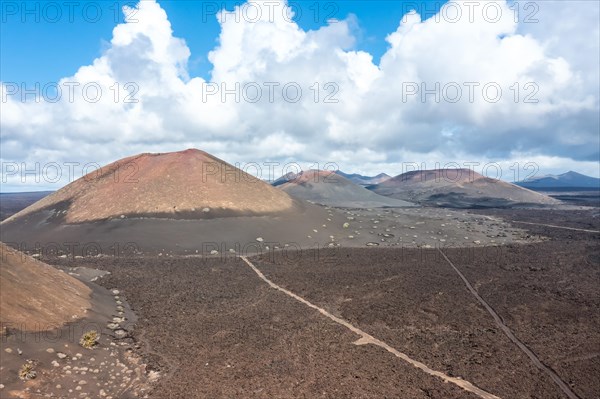 Volcanoes in Timanfaya National Park in the Canary Islands Aerial view on the island of Lanzarote