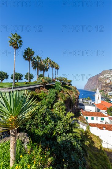 View of the town of Camara de Lobos with church on Madeira Island