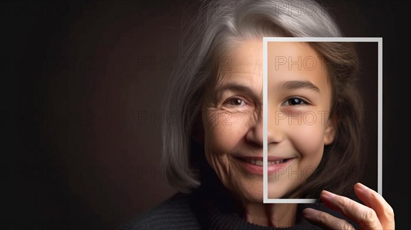 Elderly woman with wrinkled skin portrait holding A photo of herself as A young girl with perfect skin