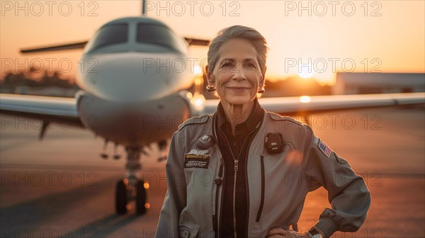 Proud young adult female airline pilot in front of her private executive jet on the tarmac