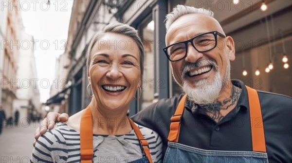 Middle-aged couple at the entrance of their new bakery shop in europe