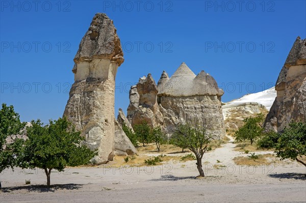Typical and inhabited turkish rock formations in the Cappadocia region of Turkey