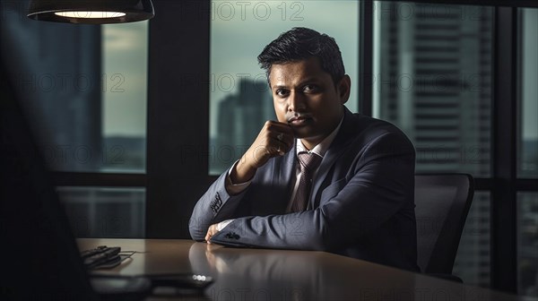 Contemplative successful young adult Indian executive businessman in his office