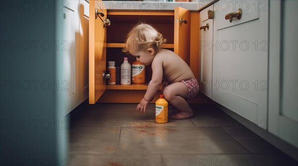 A young toddler on the floor of the kitchen or bathroom has found various cleaning and other chemicals in an unsecured cabinet at home