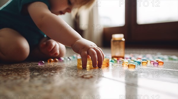 A young toddler has found some prescription pills at home